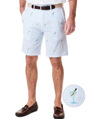 New $128 Castaway Nantucket CISCO EMBROIDERED SHORT BLU SEERSUCKER MARTINI 35/9”